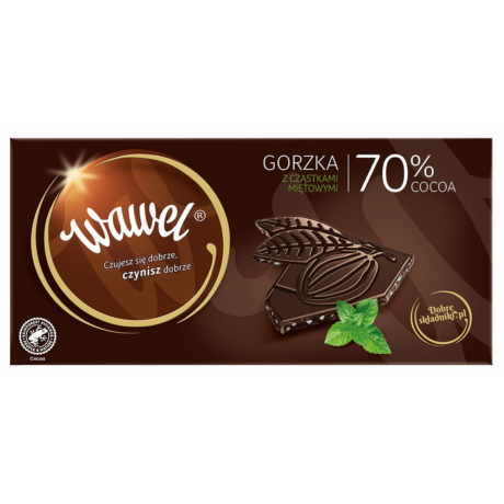 Wawel Keserű csokoládé PREMIUM 70% menta részecskékkel 100g -darabár (15db/karton)