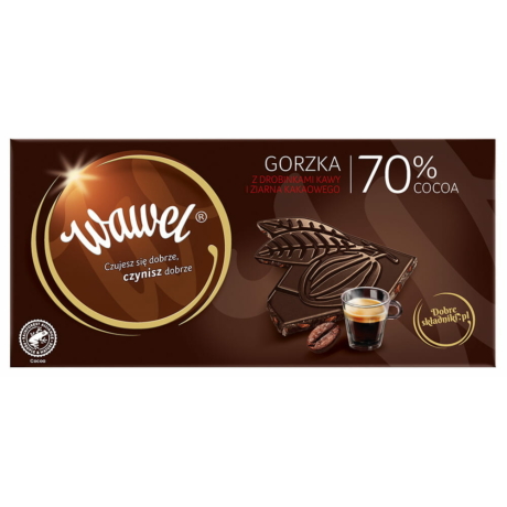 Wawel Prémium 70%-os étcsokoládé kávészemcsékkel és kakaóbabbal 100g -darabár (15db/karton)